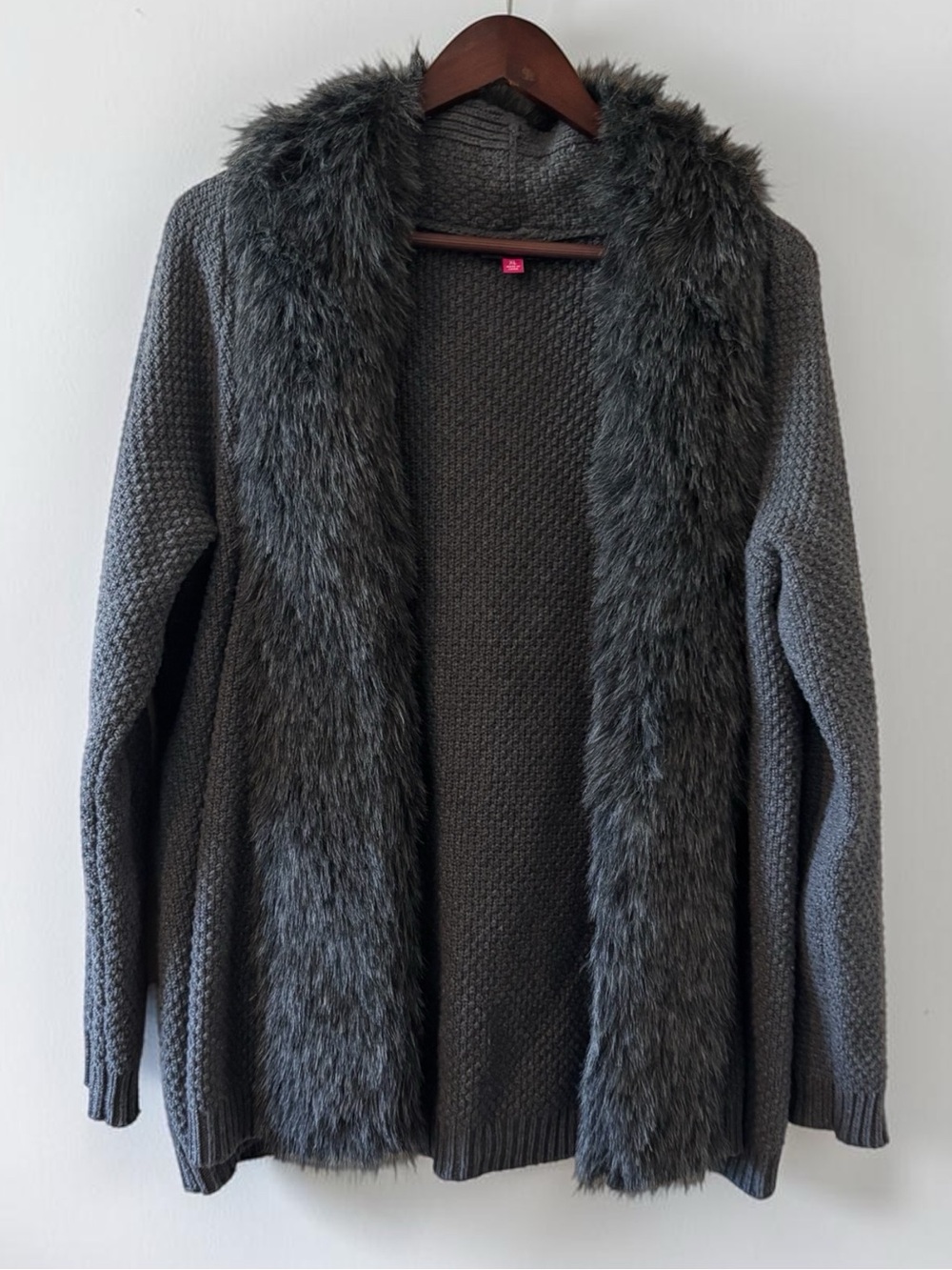 Vince Camuto Gray Faux Fur Trim Open Front Cardigan Sweater XL